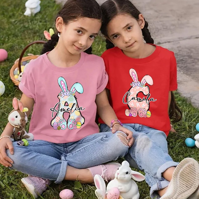Personalized Multicolor Cute Easter Bunny Initial 100% Cotton T-shirt with Name Easter Party Gift for Boys Girls