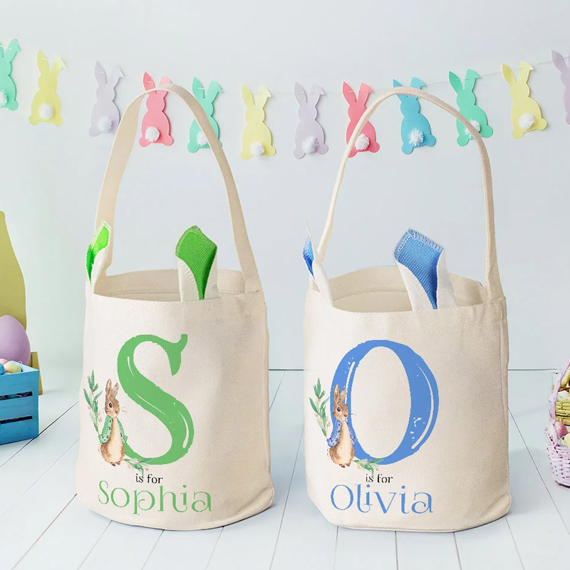 Personalized Cute Peter Rabbit Bunny Ears Bucket Bag Basket with Initial and Name Easter Egg Hunt Supplies Birthday Party Favors Gift for Kids