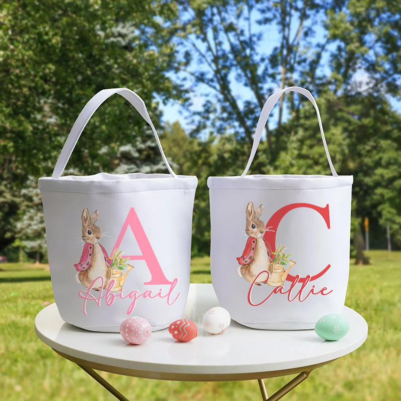 Personalized Cute Bunny with Initial and Name Large Canvas Candy Basket with Handle Funny Easter Eggs Hunting Gift for Boys Girls
