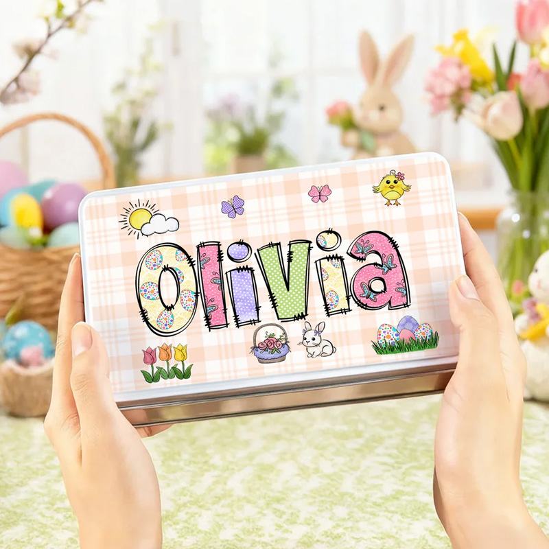 Personalized Rabbit Flowers Easter Eggs Food Grade Metal Biscuit Box with Name Daily Use Easter Gift for Boys Girls Kids