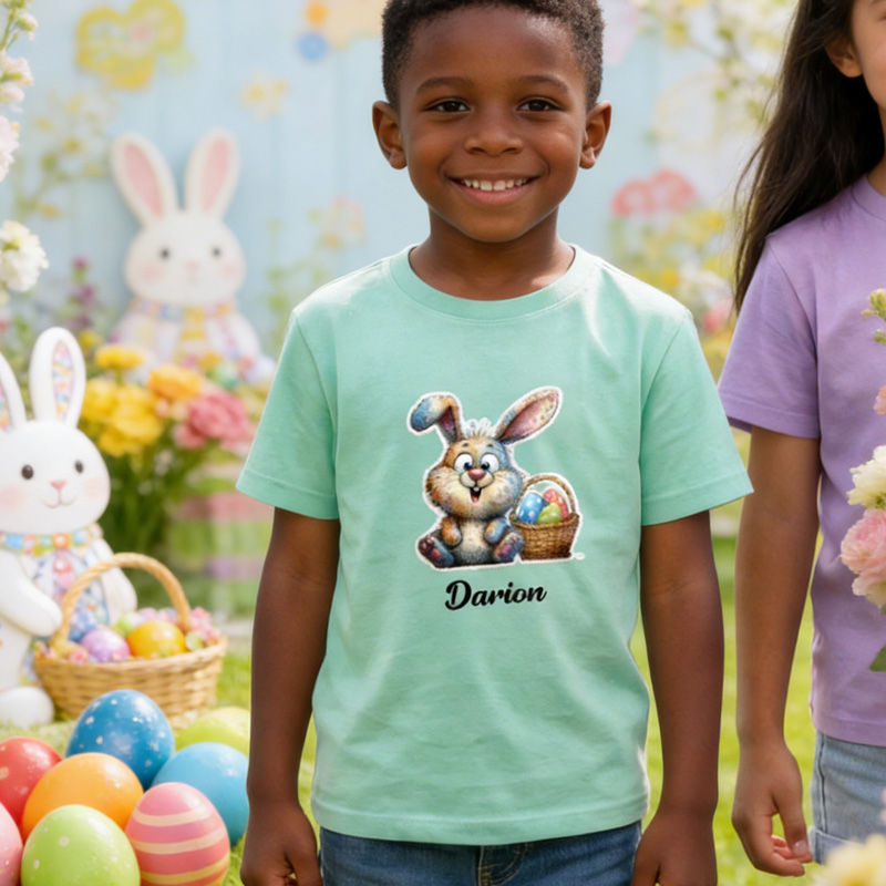 Personalized Easter Cartoon Bunny Multicolor Kid/Adult T-shirt Sweatshirt with Name Easter Birthday Gift for Family Kids