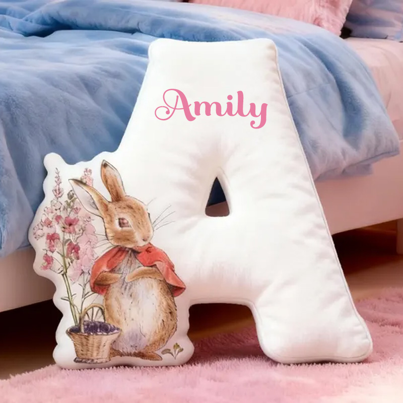 Personalized Adorable Easter Bunny Beside Letter Custom Name Cozy Bedroom Decor 3D Print Pillow