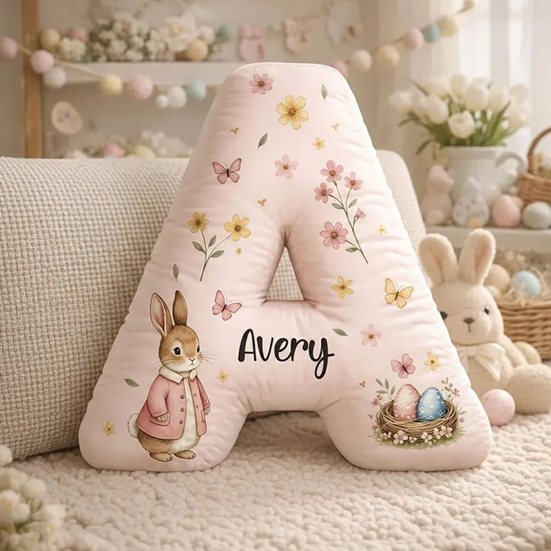 Personalized Adorable Bunny With Flowers Custom Name Initial Shaped Plush 3D Print Pillow