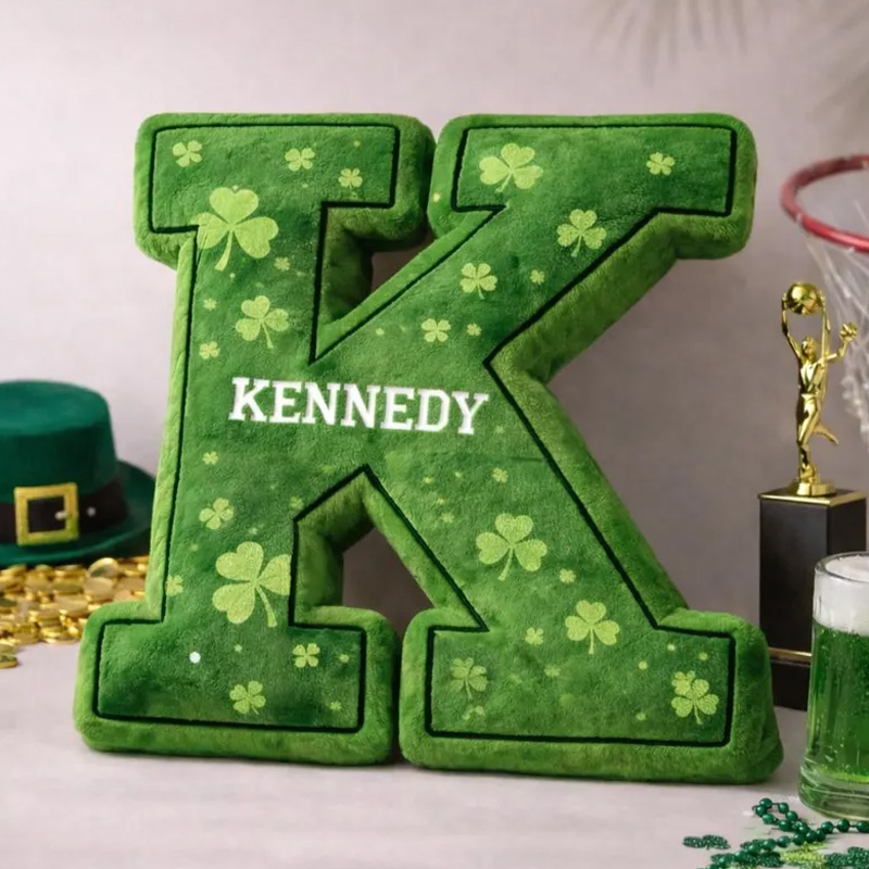 Personalized Bright Green Clover Leaf Custom Name Initial Shaped Decorative 3D Print Pillow