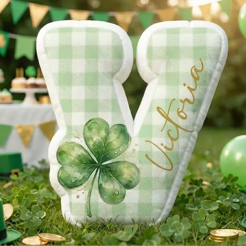 Personalized Cute Shamrock Custom Name Initial Shaped Green Check Decorative 3D Print Pillow