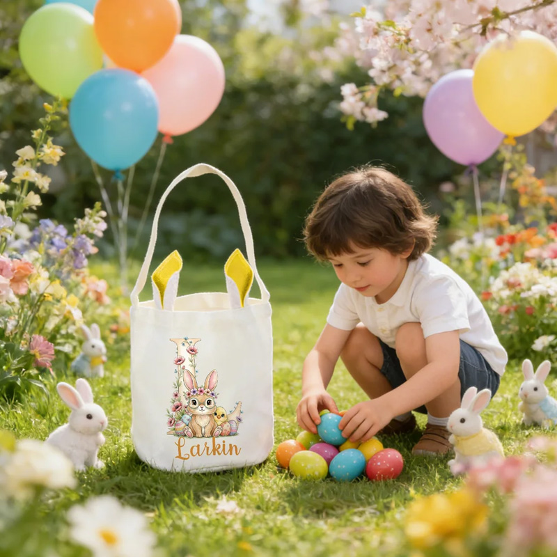 Personalized Flower Cute Bunny Ears Rabbit Easter Basket with Name and Initial Eggs Hunting Party Favor Easter Gift for Kids