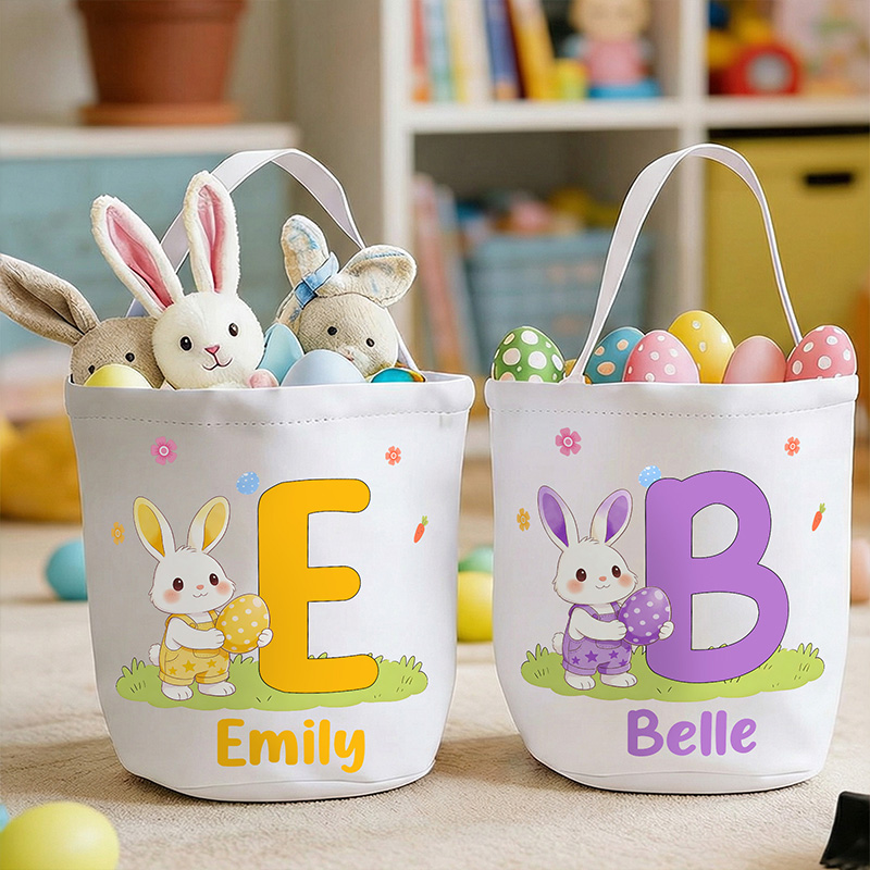 Personalized Adorable Bunny With Egg Custom Name Initial Shaped Holiday Basket