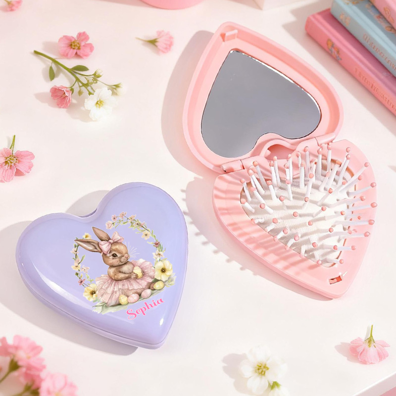Personalized Lovely Heart Style Custom Name Mini Mirror Detangling Travel Folding Cushion Comb