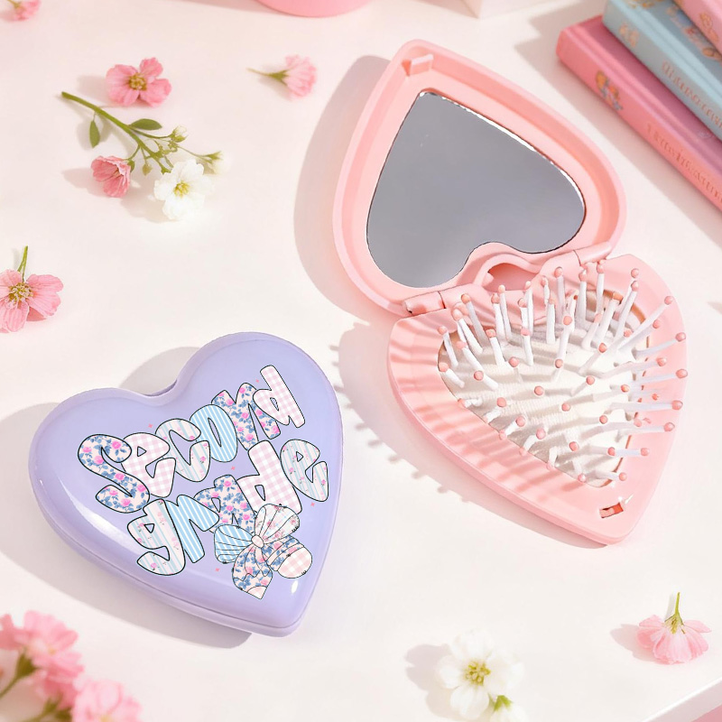 Personalized Heart Shaped Mirror Custom Name Cute Pattern Travel Folding Cushion Comb