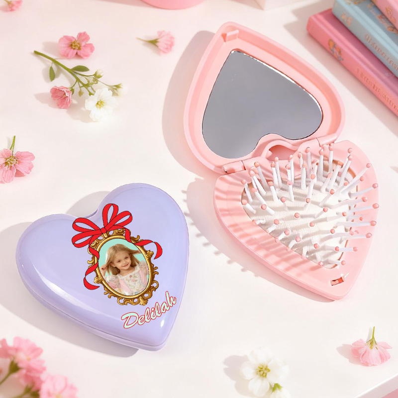 Personalized Sweet Heart Shaped Custom Name Mini Mirror Detangling Travel Folding Cushion Comb