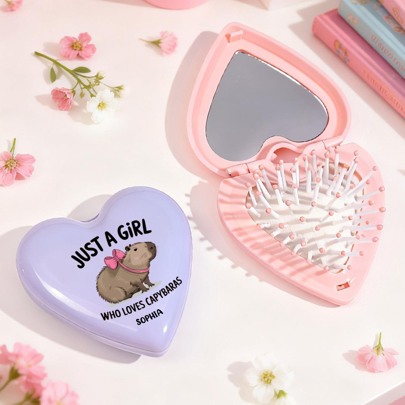 Personalized Lovely Heart Compact Custom Name Gift Portable Folding Cushion Comb Gift for Girl