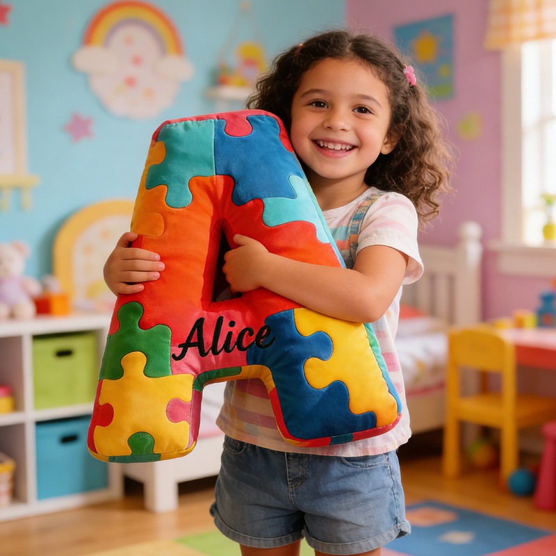 Personalized Colorful Puzzle Piece Letter Initial Name Cushion Soft Decorative Gift for Kids Room Cozy Alphabet Shape Gifts for Children With Autism Pillow