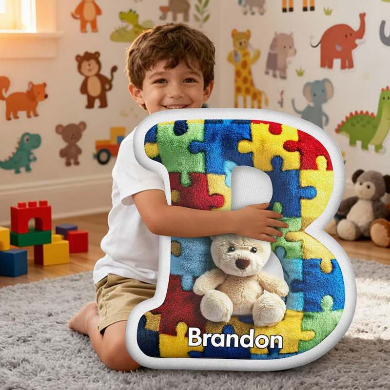 Personalized Colorful Puzzle Piece Initial Custom Name Kids Room Decor Soft 3D Print Pillow