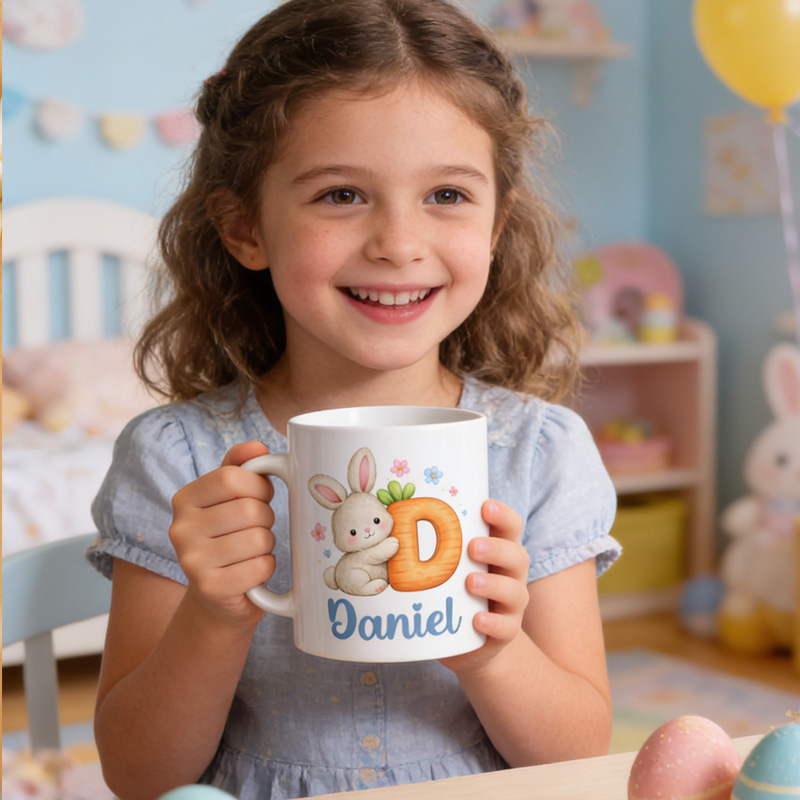 Personalized Cute Bunny Carrot Letter Custom Name Easter Gift Adorable Kids Cup Mug