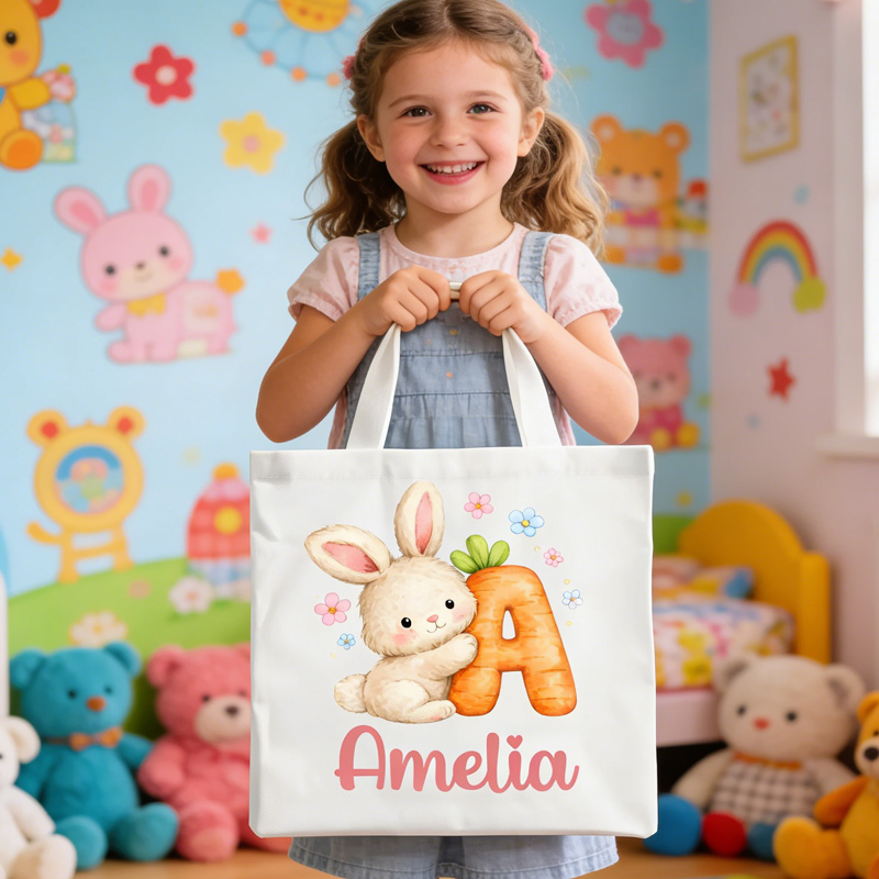 Personalized Adorable Rabbit Initial Custom Name Spring Celebration Kids Gift Canvas Bag