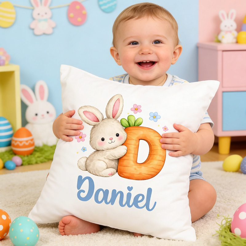 Personalized Adorable Rabbit Initial Custom Name Festive Holiday Decoration Kids Room Pillow