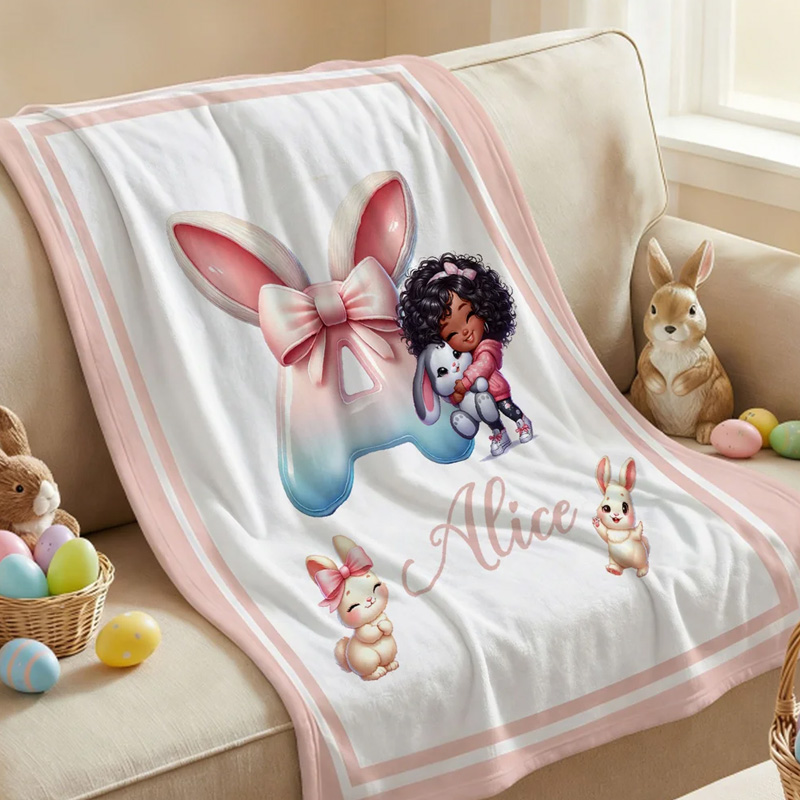 Personalized Cartoon Black Girl Soft Throw Blanket with Name Home Decor Easter Birthday Gift for Girls