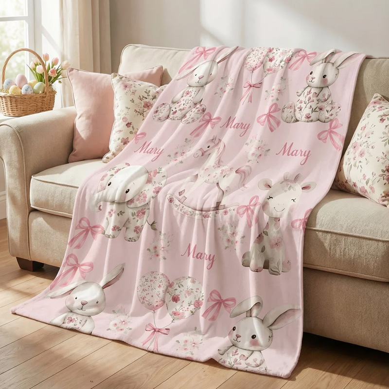 Personalized Floral Bunny Elephant Ponny Pink Soft Throw Blanket with Name Nursery Decor Easter Birthday Gift for Kids Girls