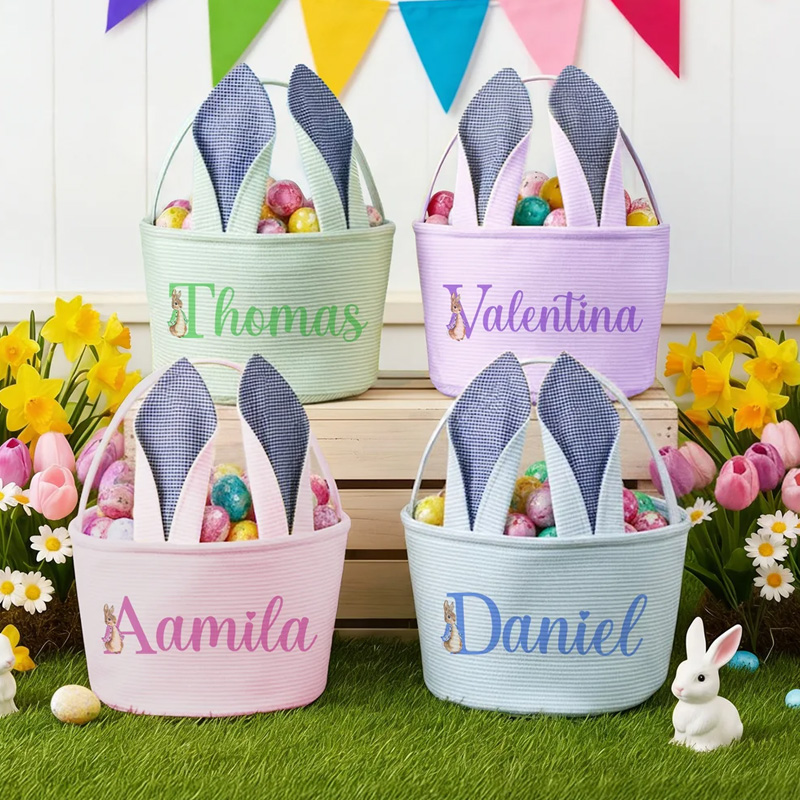Personalized Cute Peter Rabbit Ears Stripe Easter Basket with Name and Initial Easter Party Favor Eggs Hunting Gift for Kids