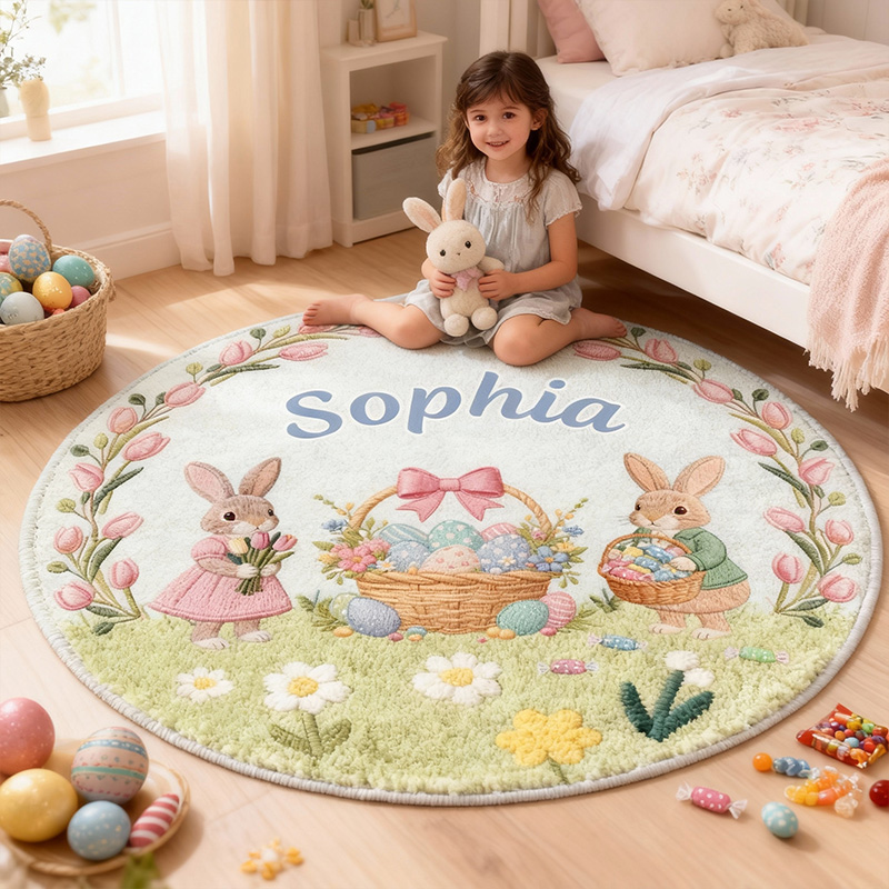 Personalized Cute Bunny Theme Custom Name Round Nursery Floor Mat Holiday Carpet Rug