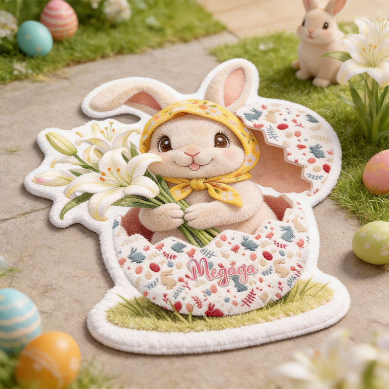 Personalized Floral Rabbit Design Custom Name Colorful Holiday Garden Welcome Carpet Rug