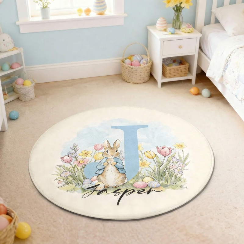 Personalized Cute Peter Rabbit Easter Egg Round Floor Mat with Name and Initial Home Decor Easter Gift for Infants Children