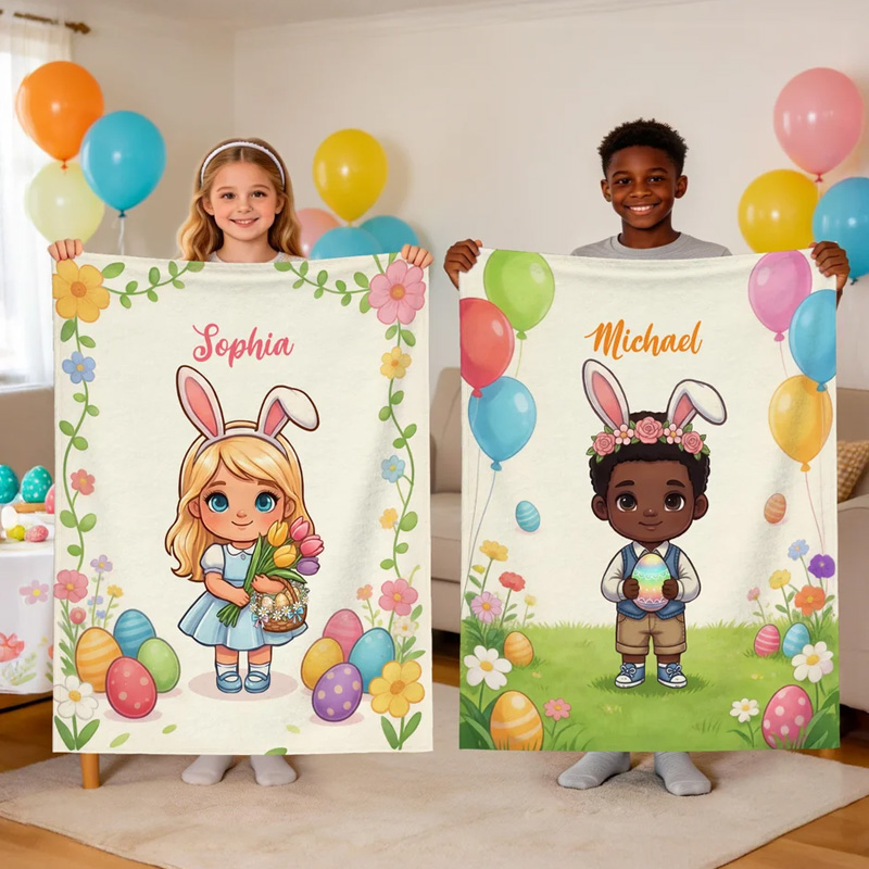 Personalized Cute Character Easter Egg Soft Throw Blanket with Name Home Use Easter Gift for Boys Girls