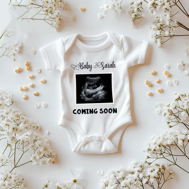 Personalized Pregnancy Announcement Theme Custom Name Ultrasound Photo Coming Soon Baby Bodysuit