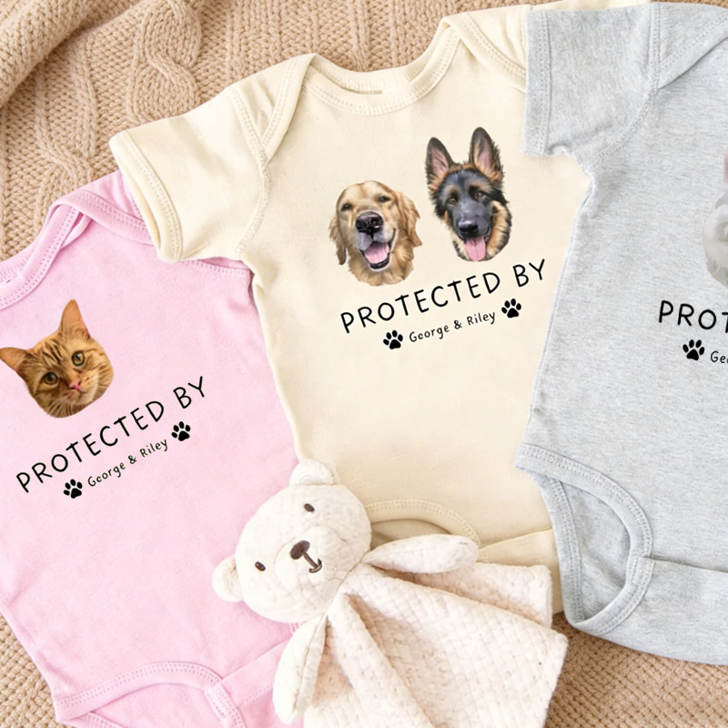 Personalized Dog Lover Theme Custom Name Protected By Pet Faces Cute Family Gift Baby Bodysuit