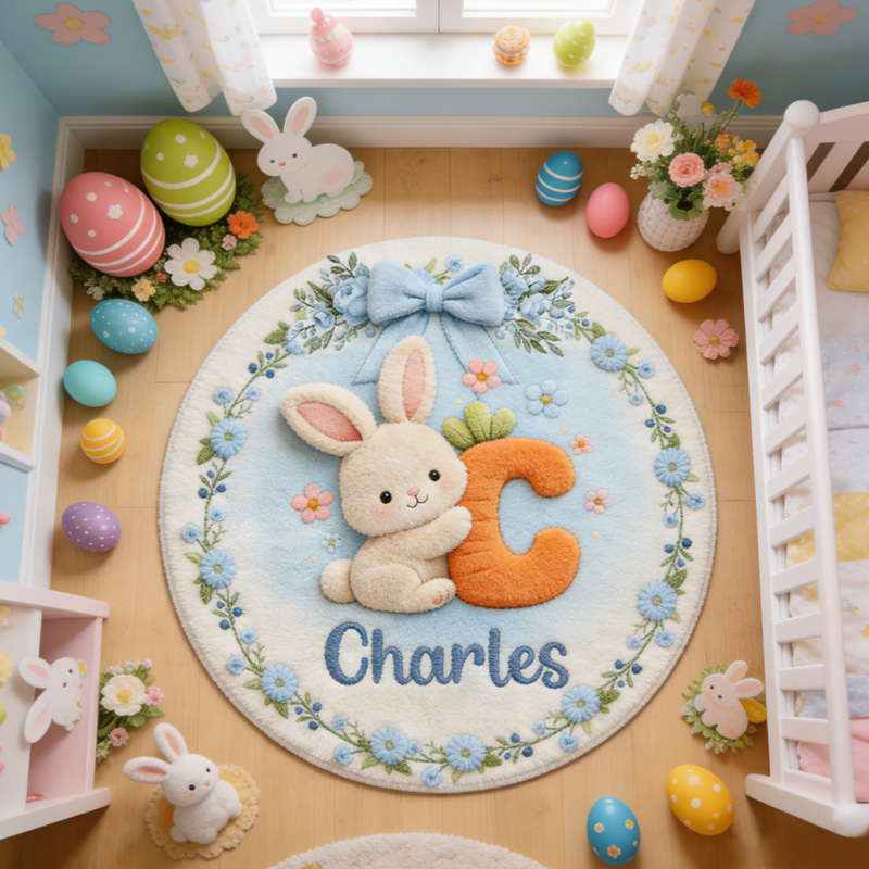 Personalized Bunny Theme Custom Name Floral Nursery Cute Kids Room Play Mat Carpet Rug Easter Gift