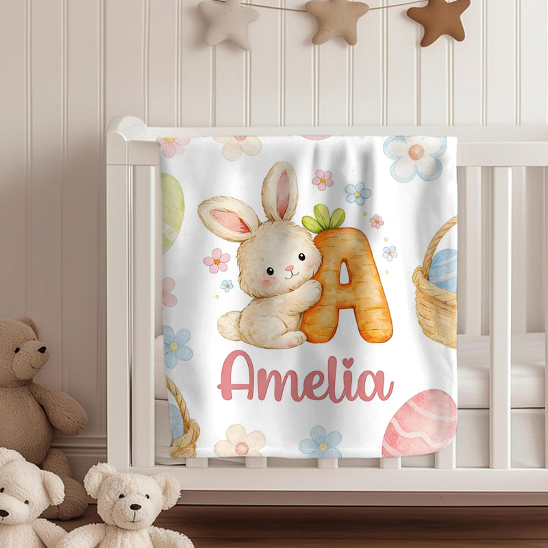 Personalized Bunny Theme Custom Name Initial Easter Gift Soft Kids Nursery Cozy Blanket
