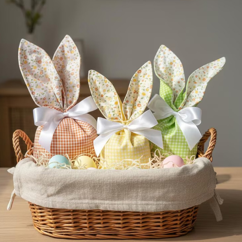 Personalized Easter Theme Custom Name Cute Reusable Fabric Gift Pouches Kids Party Bunny Ear Treat Bags