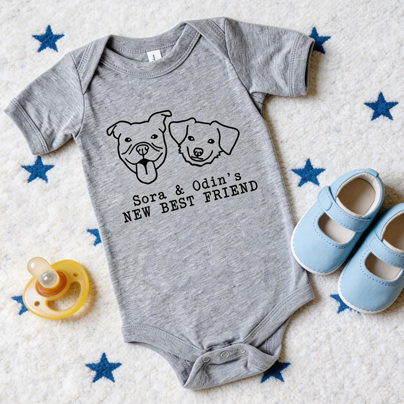Personalized Pet Photo Best Friends Theme Custom Face and Name Puppy Outline Unique Family Outfit Baby Bodysuit