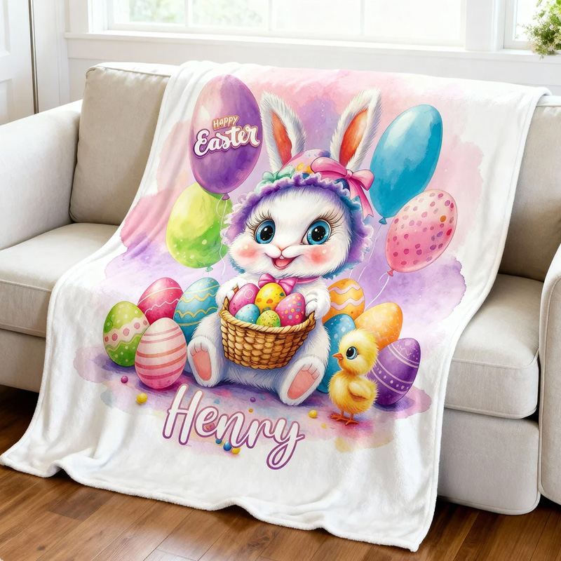 Personalized Happy Easter Cute Bunny Chick Balloon Soft Throw Blanket with Name Home Decor Easter Gift for Kids
