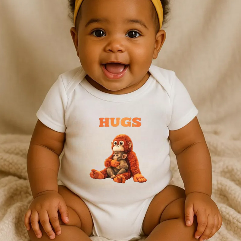 Personalized Cute Sitting Monkey with Hugs Text Custom Name Soft Cotton Newborn Gift Outfit Punch Monkey Baby Bodysuit
