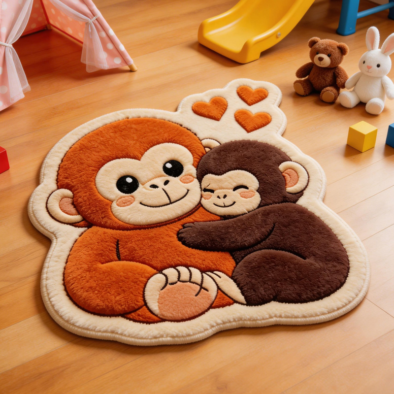 Cute Baby Monkey Hugging Parent Soft Nursery Room Play Mat Gift Punch Monkey Carpet Rug Gifts for Emotional Comfort