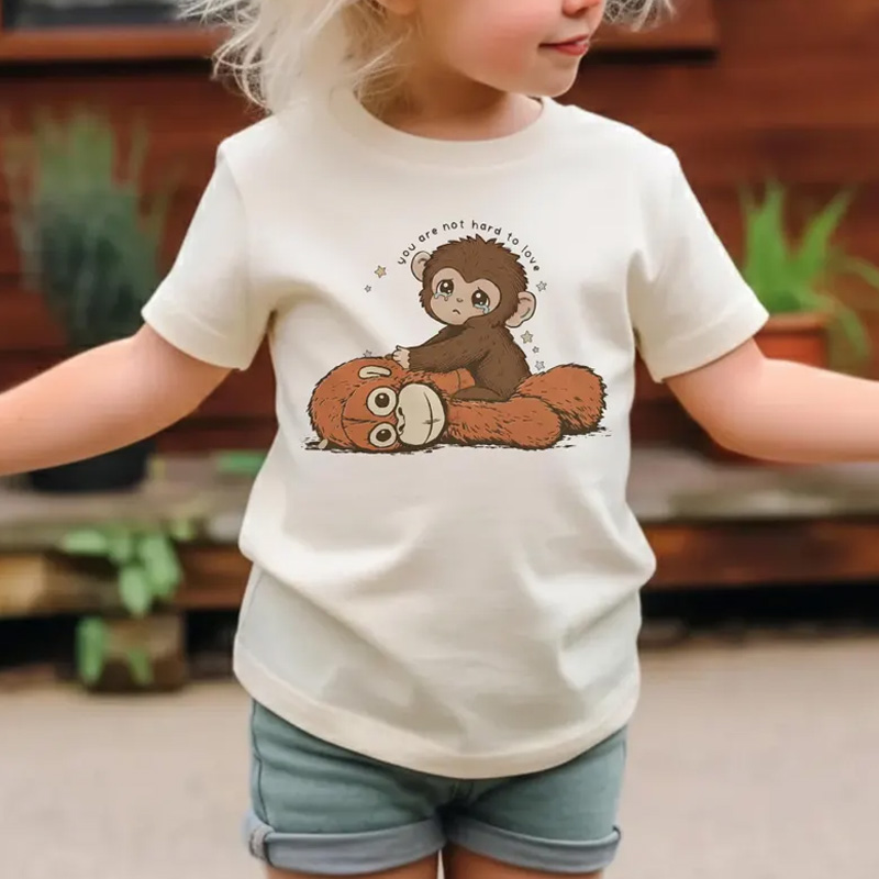 Cute Baby Monkey Sitting on Plush Friend Soft Cotton Outfit Gift Punch Monkey Kid T Shirt