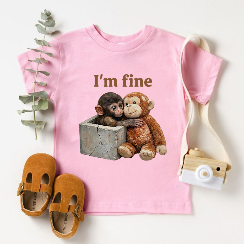 Personalized I'm Fine Caring Monkey with Box Custom Name Soft Cotton Comfort Gift Outfit Punch Monkey Kid T Shirt