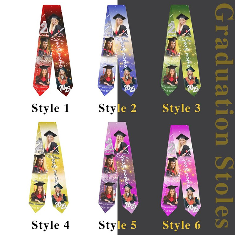 Personalized Custom Photo Name School Year Memory Collage Unique Senior Gift Colorful Satin Scarf Graduation Stole