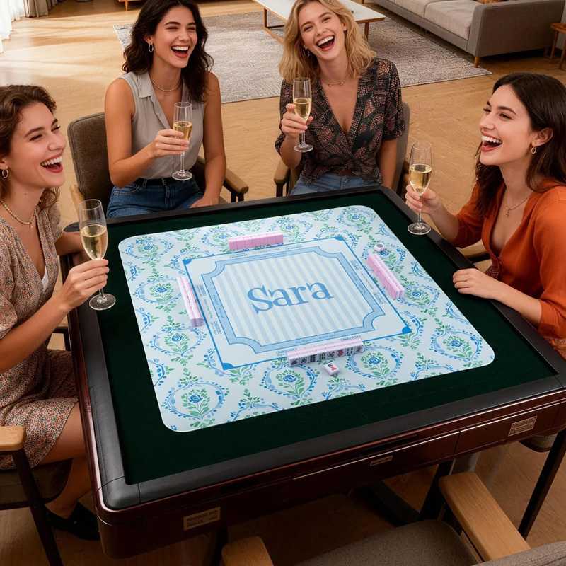 Personalized Floral Design Non-Slip Mahjong Mat with Vine Monogram Name and Storage Bag Mahjong Night Birthday Gift for Mahjong Lovers