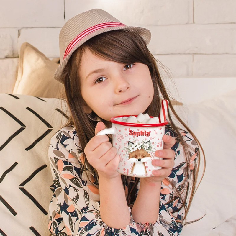 Personalized Cartoon Wreath Deer Bear Animals 12 oz Colored Rim Enamel Mug with Name Daily Use Christmas Birthday Gift for Boys and Girls