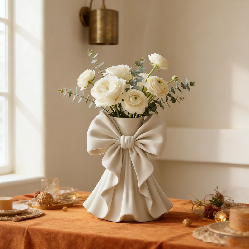 Personalized Elegant Bow Knot Draped Fabric Style Modern Minimalist Home Decor Centerpiece Gift 3D Printed Vase