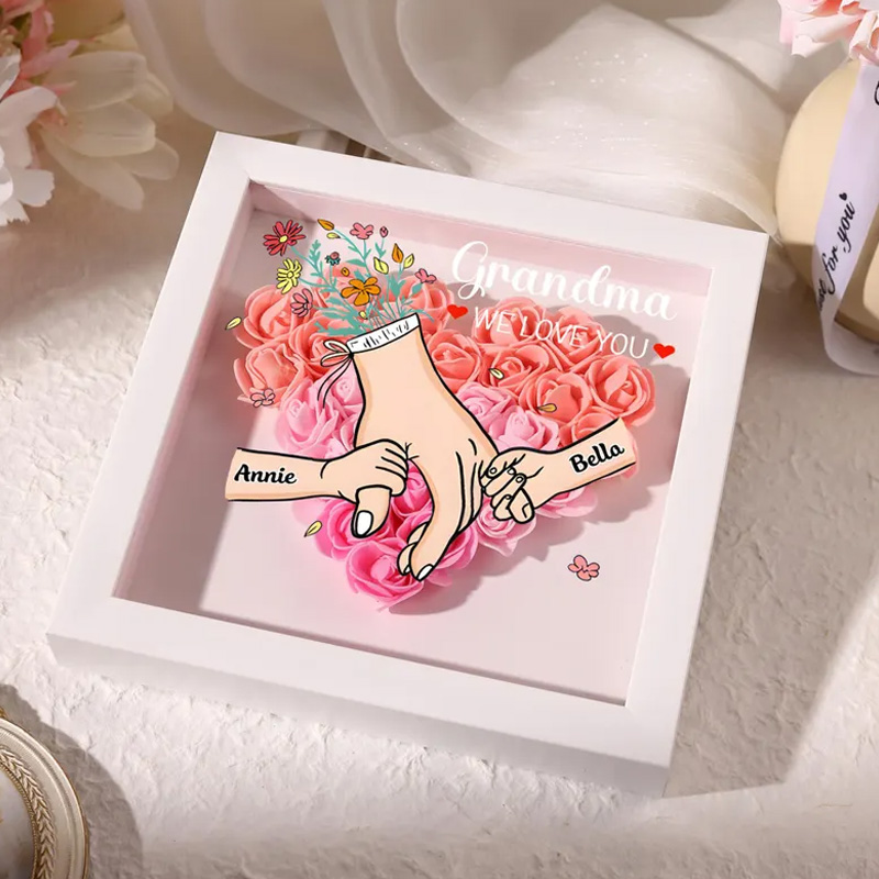 Personalized Rose Heart Shadow Box Hand Holding Frame with Kids Names Mothers Day Gift for Mummy