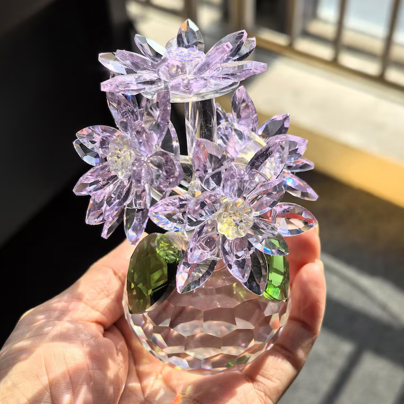 Purple Blossom Elegant Sparkling Decorative Home Table Centerpiece Gift Crystal Flower Ornament Gift for Mother