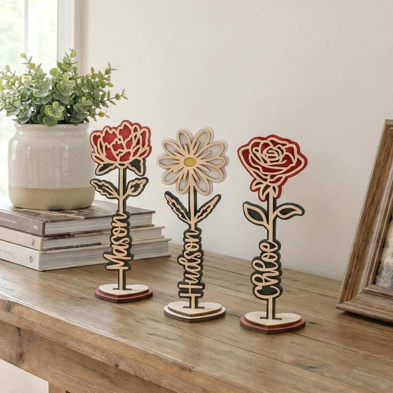 Personalized Custom Name Gift for Mom Kids Room Decoration Unique Handmade Art Piece Wooden Flower Stand For Table Decor