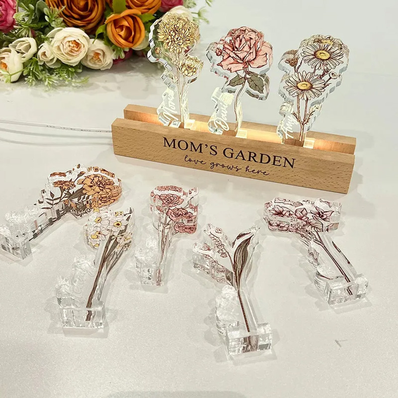 Personalized Mom's Garden Custom Birth Flower Shaped Plaque Light Base Gift For Grandma Nana