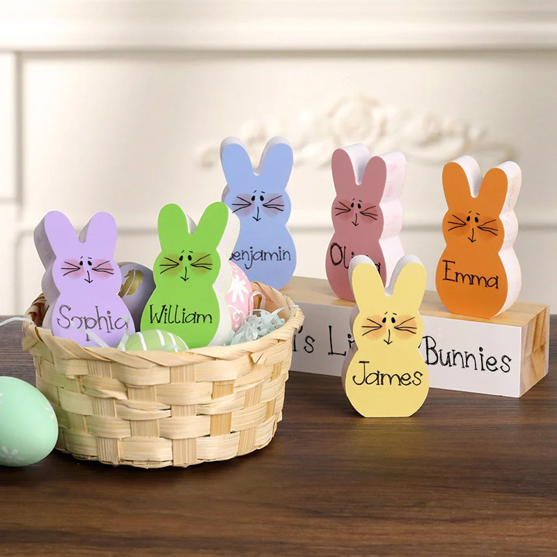 Personalized 1-15 Easter Bunnies Family Wooden Block Set with Name Colorful Blushing Bunny Home Decoration Easter Gift for Mom Grandma