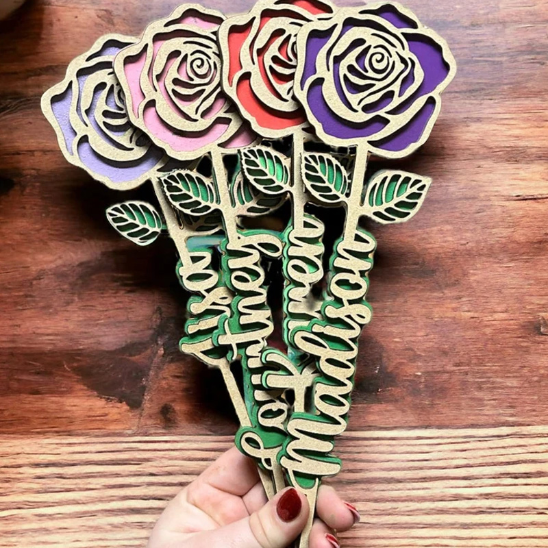 Personalized Custom Name Gift for Kids Handmade Wooden Rose Craft Mothers Day Present Wooden Flower Stand For Table Decor