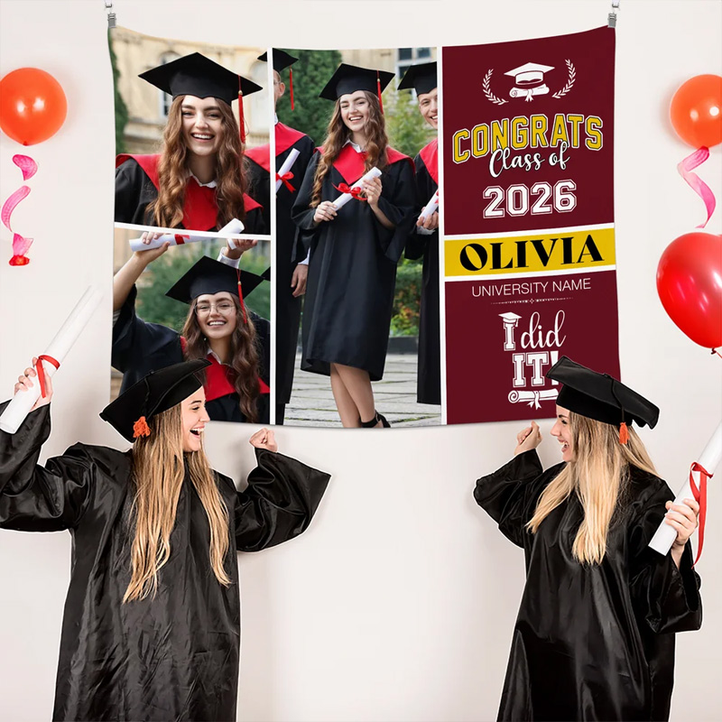 Personalized 3 Photos Multicolor Graduation Tapestry Banner with Name and Year Unique Graduation Party Gift for Graduates Families Friends