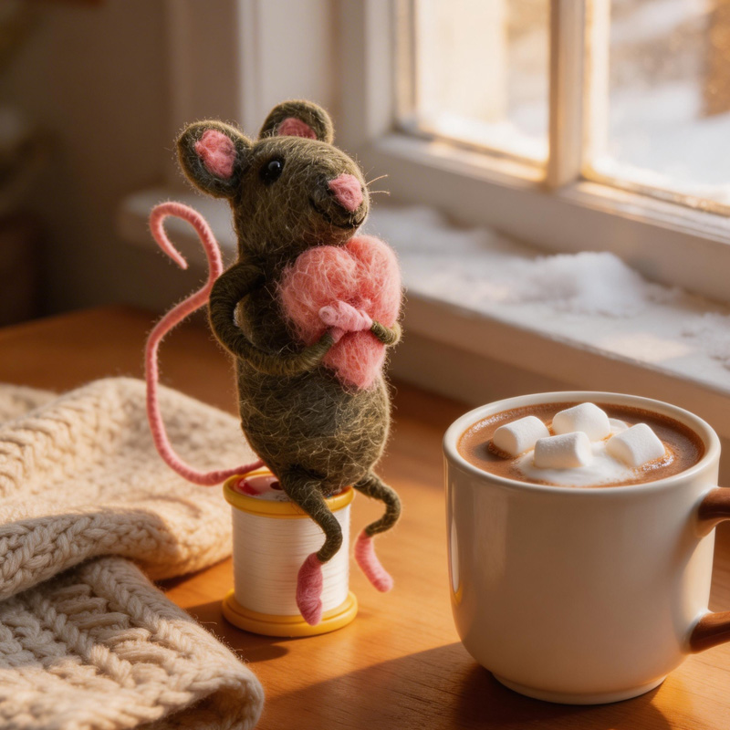 Handmade Mothers Day Gift Cute Wool Animal Holding Pink Heart Home Decoration Ornament Felt Sitting Hugging Heart Mouse
